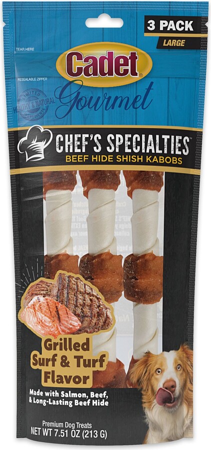 Cadet Chef's Specialties Beef Hide Shish Kabobs Grilled Surf & Turf Flavor Dog Chews, Large, 3 count