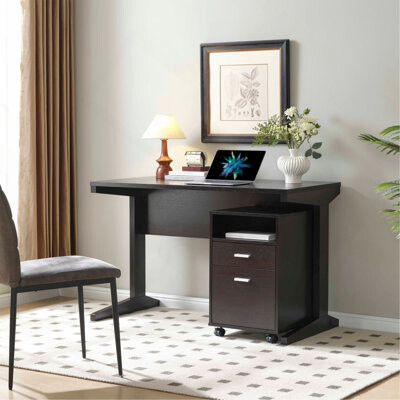 Inbox Zero Home Office Desk With Modesty Panel And Detached File Cabinet On Locking Wheels With Two Drawers File Drawer Cubby Shelf Metal Bar Handle Red Cocoa Co