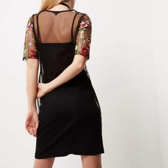 River Island Womens Black floral embroidered T-shirt dress