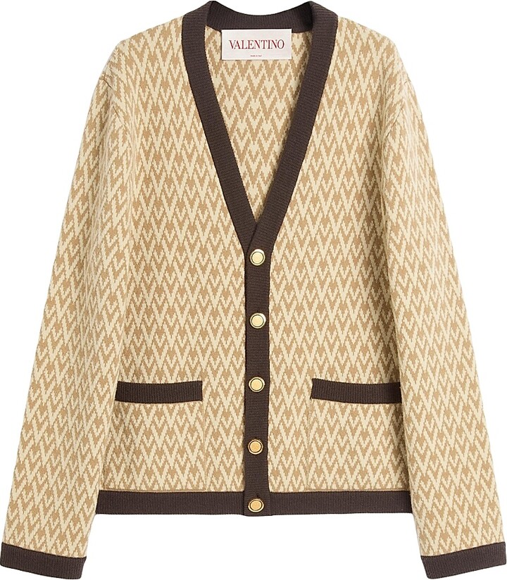 Valentino Garavani Men's Wool Cardigan with Toute La V Pattern - Beige Brown - Size Medium
