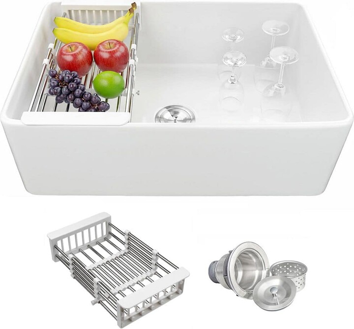 White Fireclay 33 in. Single Bowl Apron-Front Kitchen Sink with Basket Strainer