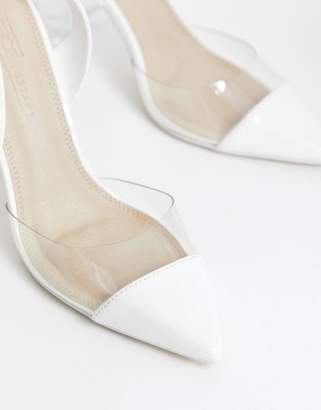 ASOS Design DESIGN Pucker Up tie leg pointed high heels in white/clear