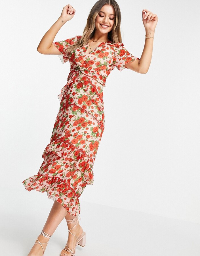 Hope & Ivy Made with Liberty Fabric tiered frill midi dress in poppy print  - ShopStyle