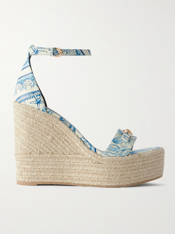 Versace - Embellished Printed Leather Espadrille Wedge Sandals - Blue