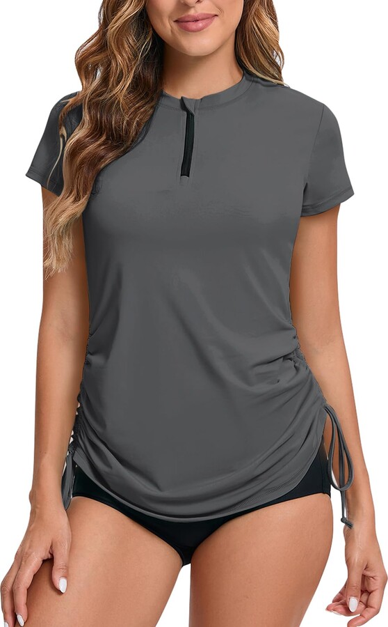 Havideto Rash Vest Women Short Sleeve Rash Guard 1/4 Zip Front Ladies Swim Top Quick Dry UV