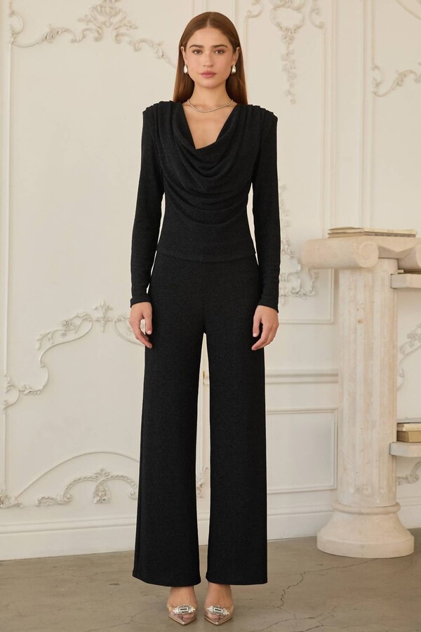 SKIES ARE BLUE Donna Summer Lurex Cowl Disco Top In Black