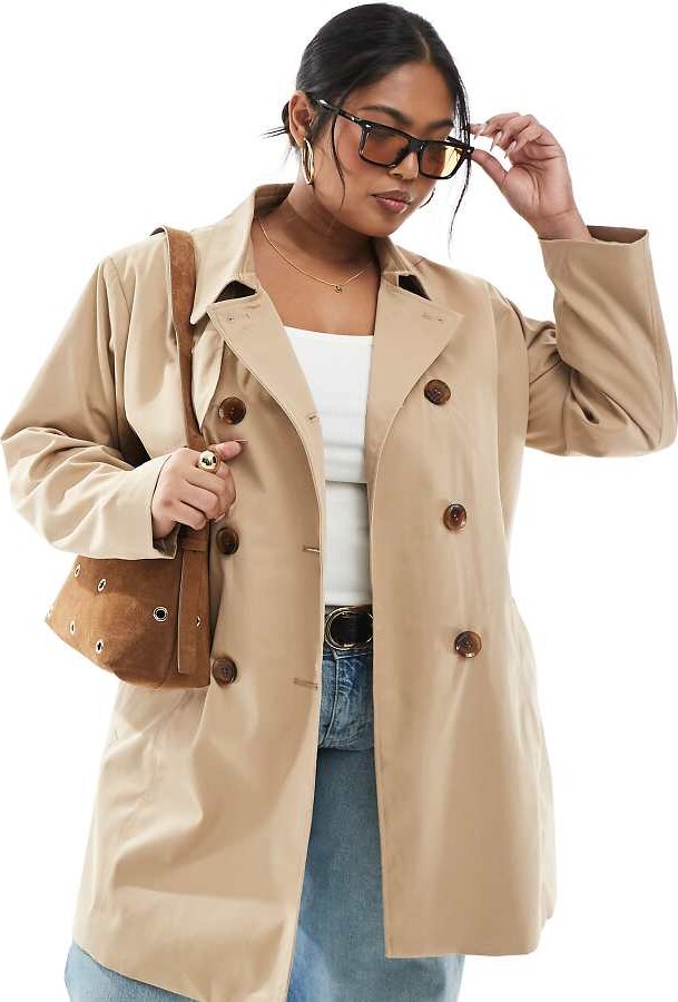 ONLY Curve belted short trench coat in beige