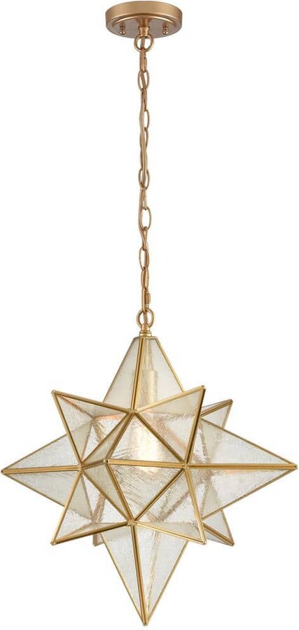 CLAXY 60-Watt 1-Light Brass Finished Shaded Pendant-Light with Seeded Glass Shade and No Bulbs Included