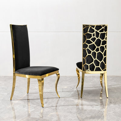 Hokku Designs Dining Chair Black Velvet With Unique Design Backrest Set Of 2Mirror Gold Stainless Steel Legs