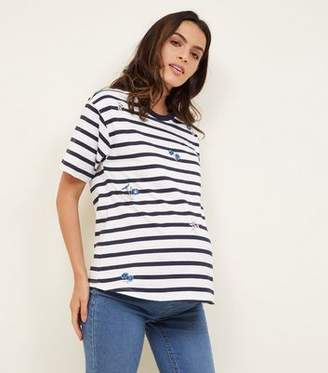 New Look Maternity Blue Stripe Floral Embroidered T-Shirt