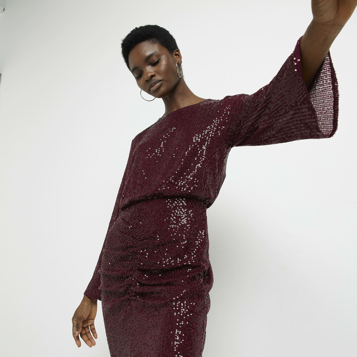 River Island Womens Red Sequin Long Sleeve Shift Midi Dress