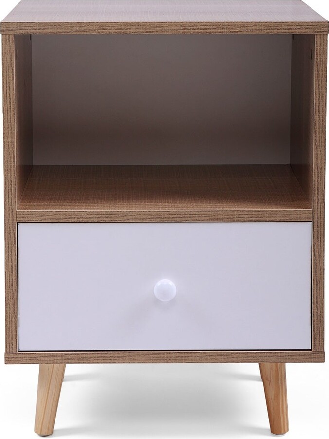 16'' Natural and White Mid Century Nightstand with Drawer and Shelf