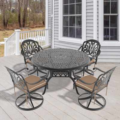 Bloomsbury Market All-Weather Cast Aluminum Dining Set, Include Swivel Chairs And Table With Black Frame