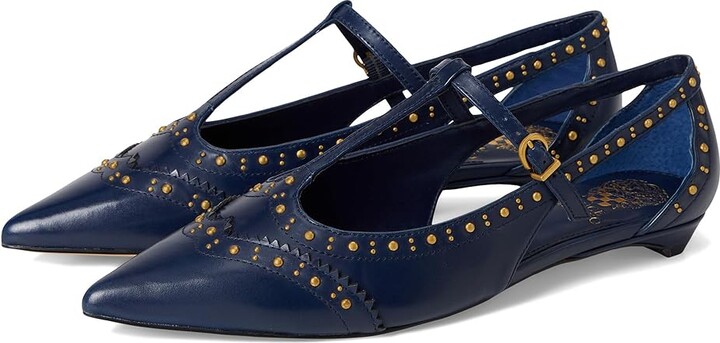 Vince Camuto Valkie Studded Kitten Heel T-strap Flat Mule Women's Flat Shoes Deep Navy : 6 M, Leather