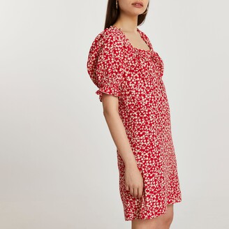 River Island Womens Red short puff sleeve floral mini dress
