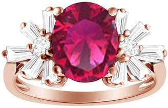 AFFY Oval Shape Simulated Red Garnet With White CZ Starburst Engagement Ring In 14K Rose Gold Over Sterling Silver,Ring Size-8
