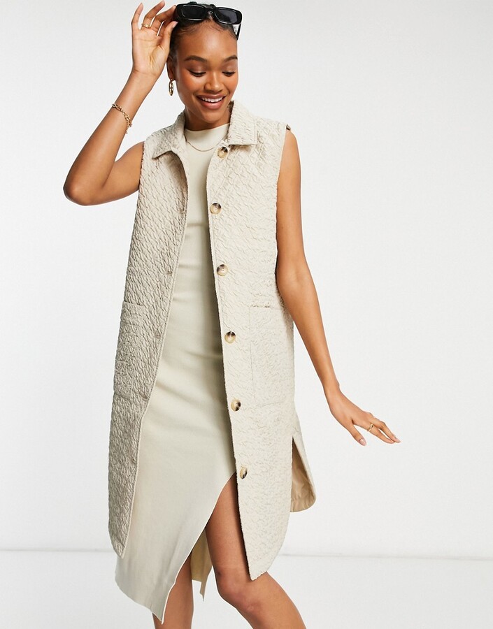 Selected longline padded vest in beige - ShopStyle