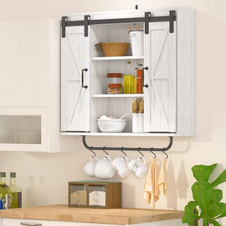 FUNKOL White Vintage Eco Particleboard 3-Shelf Kitchen Organizer with 2 Sliding Doors and Black Hooks