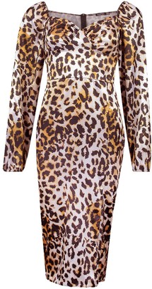 boohoo Leopard Stretch Satin Square Neck Midi Dress