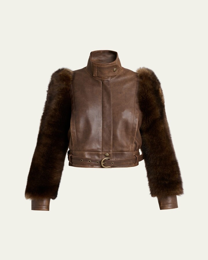 Chloé Faux Fur Sleeves Leather Bomber Jacket