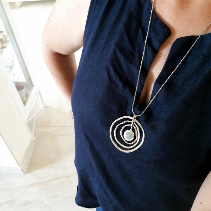 Etsy Sterling Silver Geometric Necklace Aquamarine Stone, Long Circle Pendant