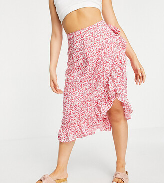 Vero Moda Petite wrap frill midi skirt in pink floral - ShopStyle