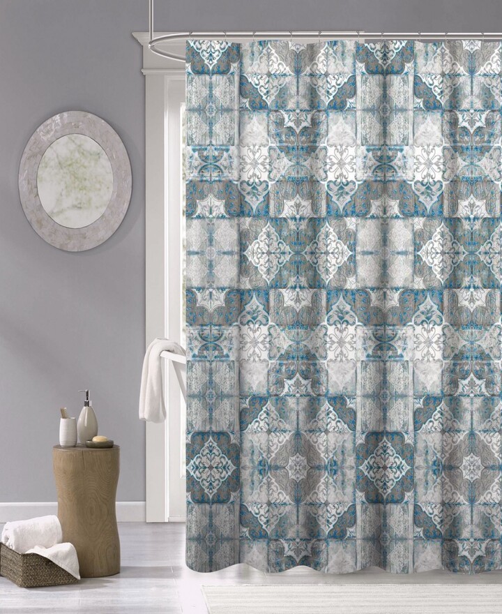 Dainty Home Tiles Fabric Shower Curtain, Rita 70 X 72 Chenille Embroidered Shower Curtain