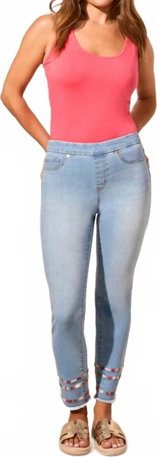 Audrey Pull-On Slim Ankle Jeans With Embroidery In Vivid Blue