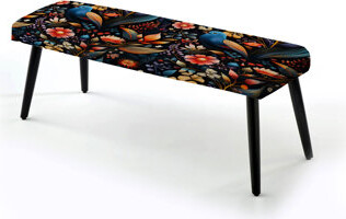 Design Art Rainbow Colors Playful Bird Carnival - Floral Upholstered Black Bench