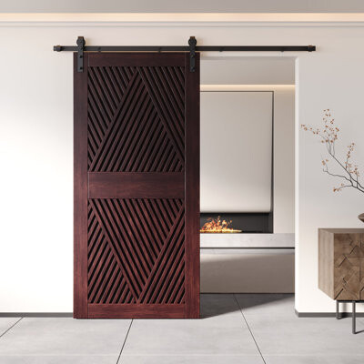 Homacer Red Mahogany 50in x 84in Unassembled & Finished Diamond Design Barn Door with Non-Bypass Installation Hardware Kit, 9ft track, interior use on