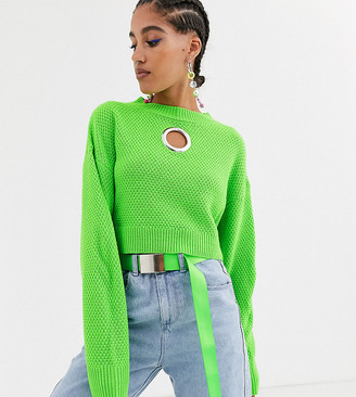 Collusion cropped sweater in waffle knit with cut out detail in green
