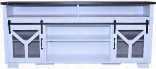 65.3" TV Stand with LED light strips and Iron mesh barn door Y decorative strip country grey farmhouse style