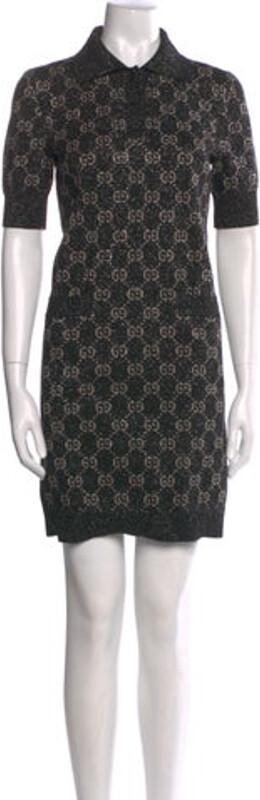 Gucci Shirtdress By Alessandro Michele Black & Metallic GG Logo Glitter Accents Short Sleeve with Collar Button Closure at Front Designer