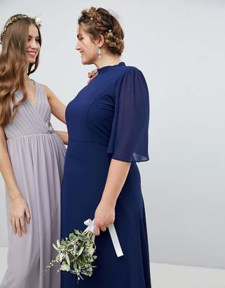 TFNC Plus High Neck Maxi Bridesmaid Dress With Flutter Sleeve