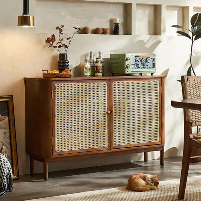 HOBULT Log Wind Rattan Woven Dining Sideboard Simple Modern Against Wall Storage Cabinet