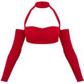 Thumbnail for your product : PrettyLittleThing Red Slinky Long Sleeve Cold Shoulder Choker Detail Crop Top
