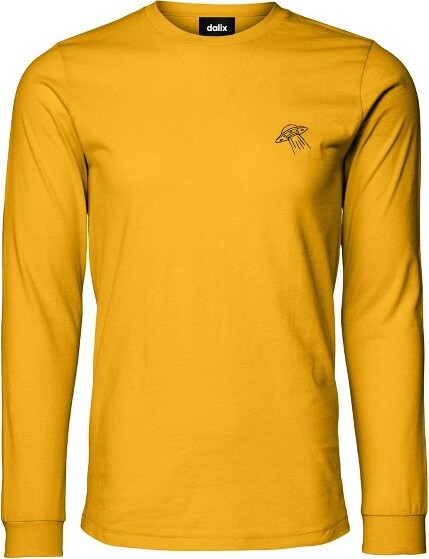 Dalix UFO Embroidered Cotton Classic Fit Long Sleeve Crewneck Tee Shirt Mens in Soft Cream M Medium