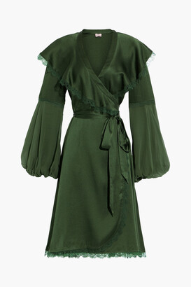 Sage georgette-paneled hammered silk-blend satin wrap dress