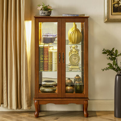 Lark Manor Curio Cabinet Lighted Curio Diapaly Cabinet With Adjustable Shelves And Mirrored Back Panel