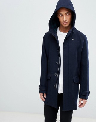 Farah Oxton Hooded Wool Coat In Navy, What Temperature Is Wool Coat Good For