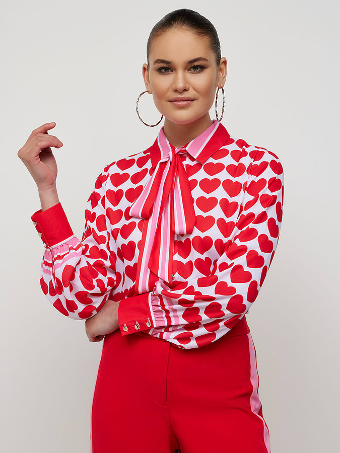 New York & Co. NY&Co Women's Heart-Print Bow-Neck Blouse Red