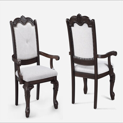 Bloomsbury Market 2pc Arm Chairs Beautifully Detailed Frames Luxurious Upholstery Coffee Brown Solid Wood Dining Furniture