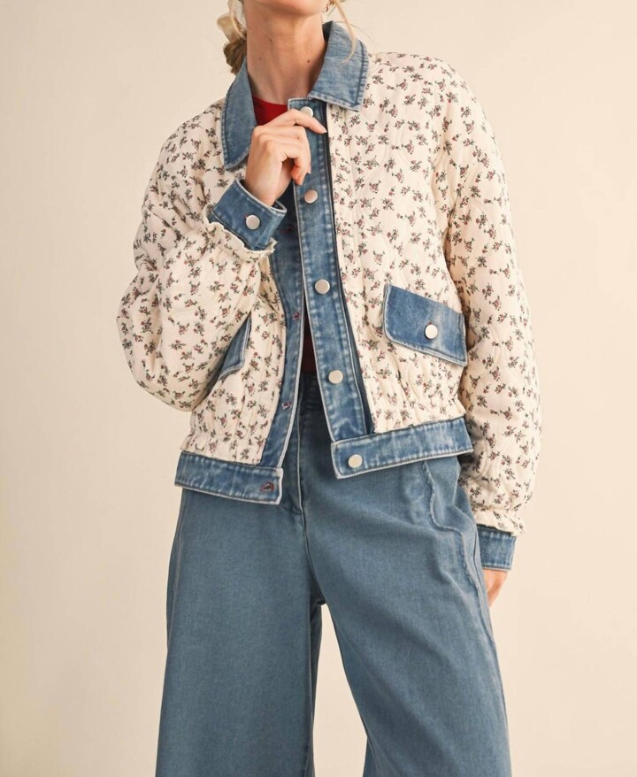 En Merci Lila Quilted Floral Denim Jacket In Multi