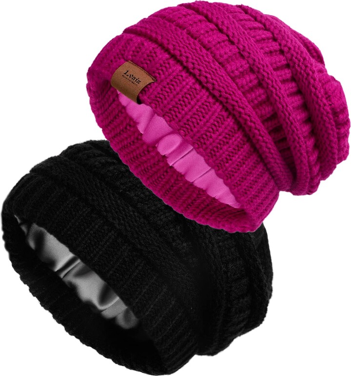 Lvaiz Hats Pack Satin Lined Knitted Beanie Hats for Women Winter