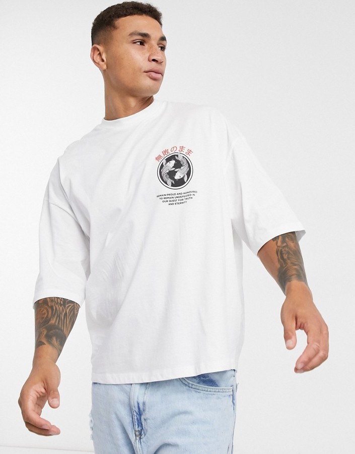 ASOS DESIGN oversized T-shirt with small fish and text chest print white organic cotton - ShopStyle