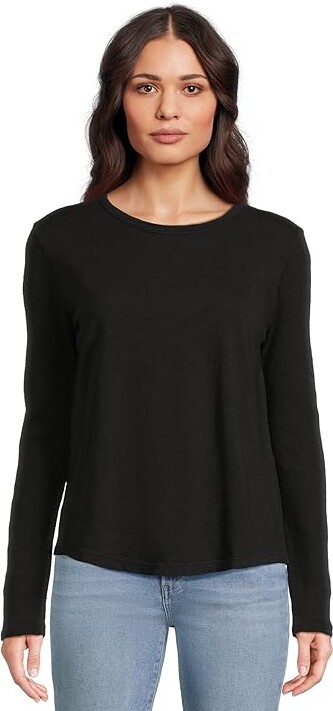 Elliott Lauren Garment Dye Tees - Long Sleeve Round Neck T-Shirts with Rib Sleeve and Back Gusset Women's T Shirt Black : MD, Cotton