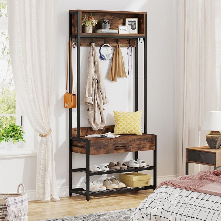BYBLIGHT Brown 70 in. H Wood Coat Rack with Shoe Hutch, Vintage Industrial Accent Freestanding with Metal Frame Entryway Home
