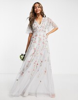 Thumbnail for your product : ASOS DESIGN Bridesmaid floral embroidered flutter sleeve maxi dress with embellishment in soft blue