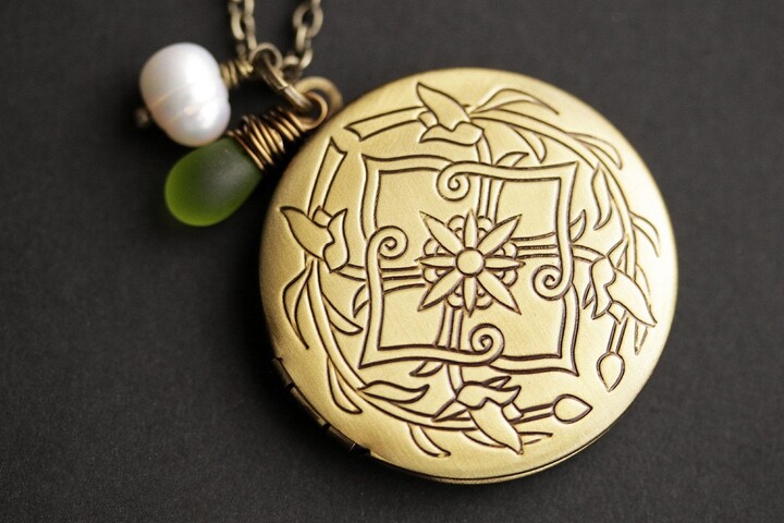 Etsy Floral Art Nouveau Locket. Stamped Brass Locket Necklace With Glass Teardrop & Fresh Water Pearl. Bronze Handmade Jewelry