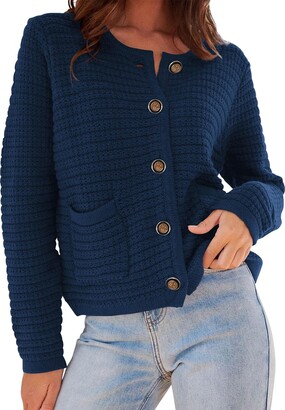 BZB Women Long Sleeve Sweater Cardigan Collared Button Up Open Front  Cropped Knit Jackets with Pockets